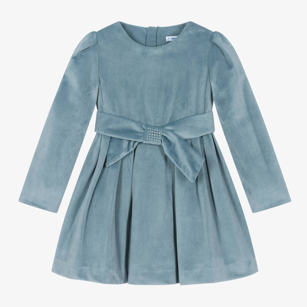 Mayoral - Robe bleue en velours fille | Childrensalon