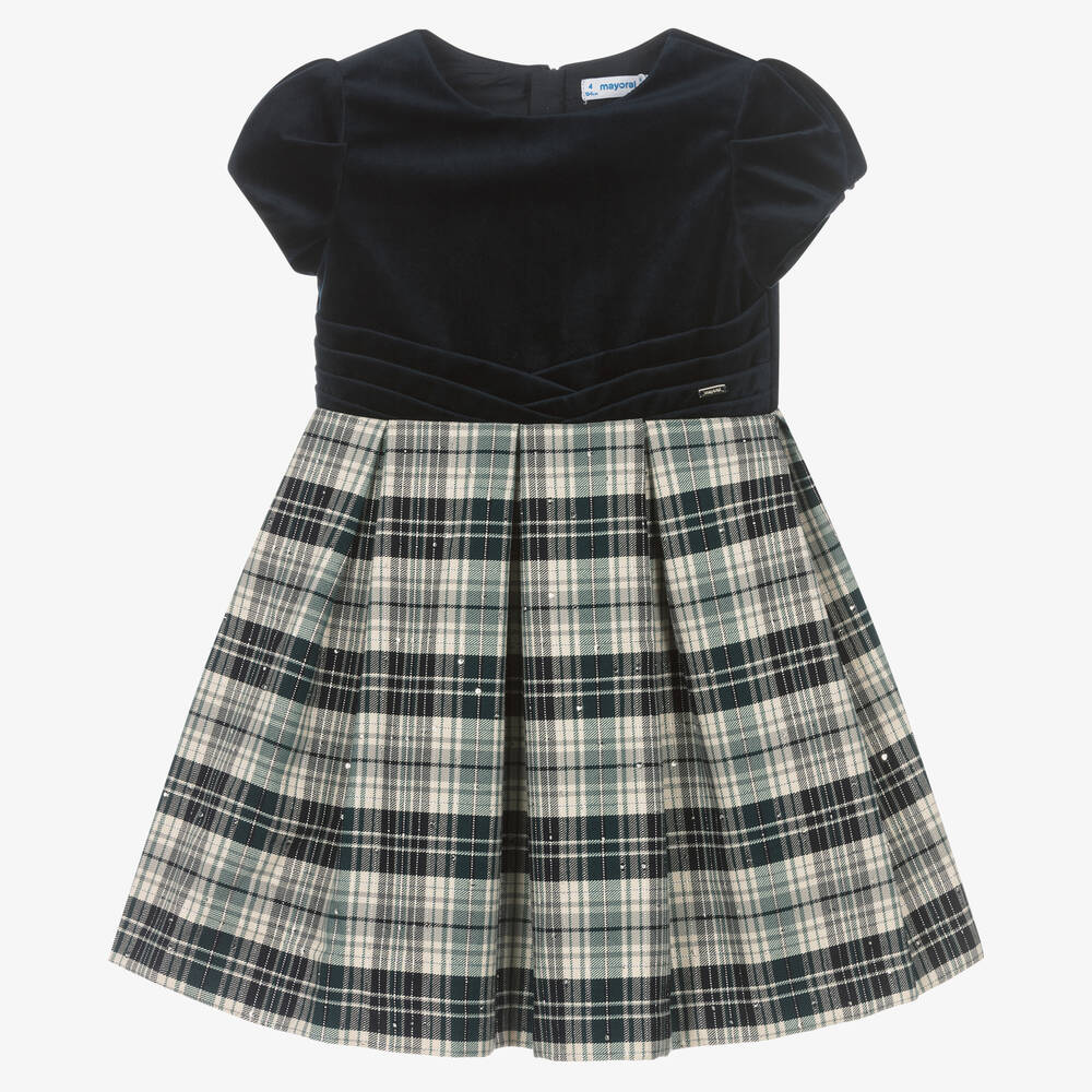 Mayoral - Girls Blue Velvet Tartan Dress | Childrensalon