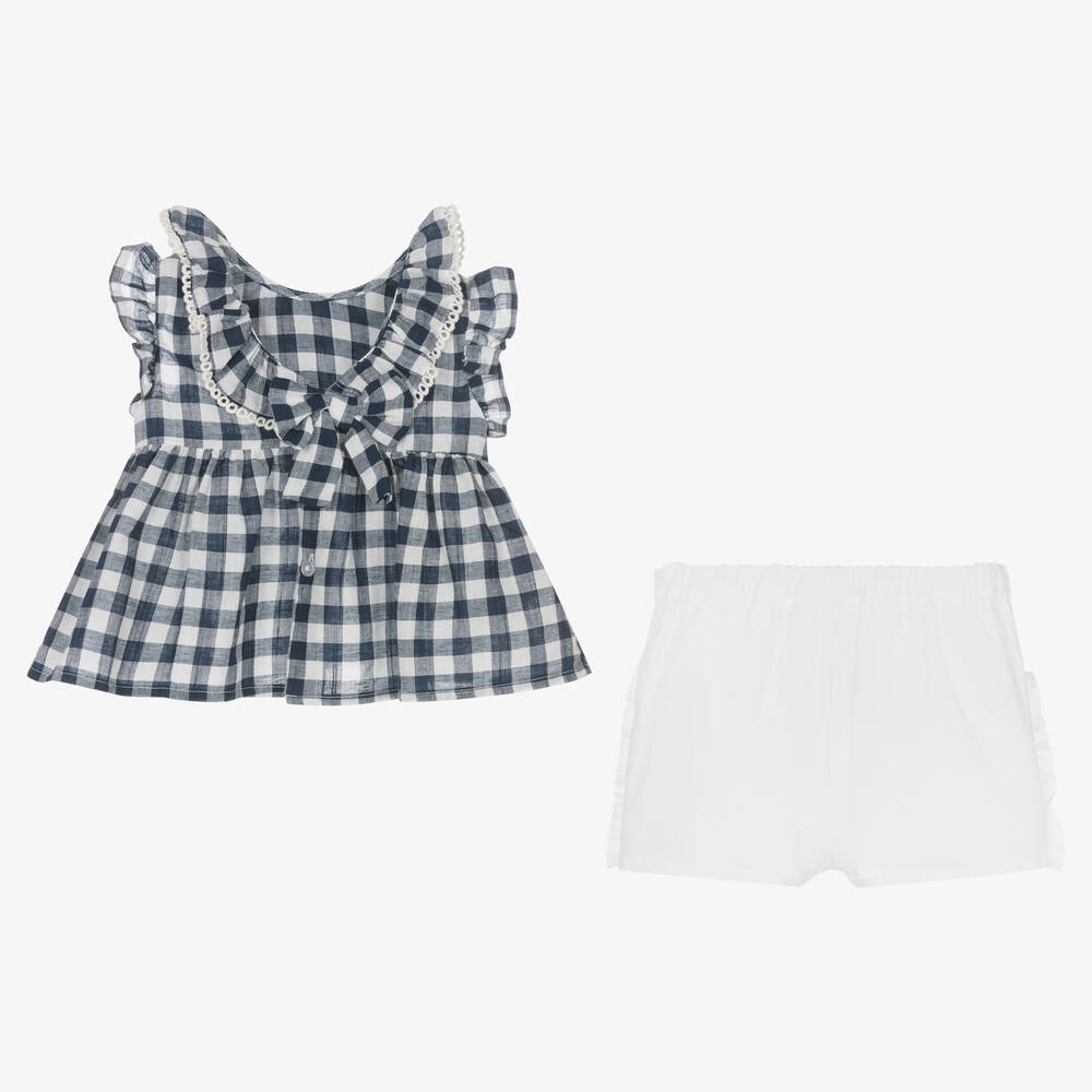 Mayoral-Girls Blue & White Check Linen Short Set | Childrensalon Outlet