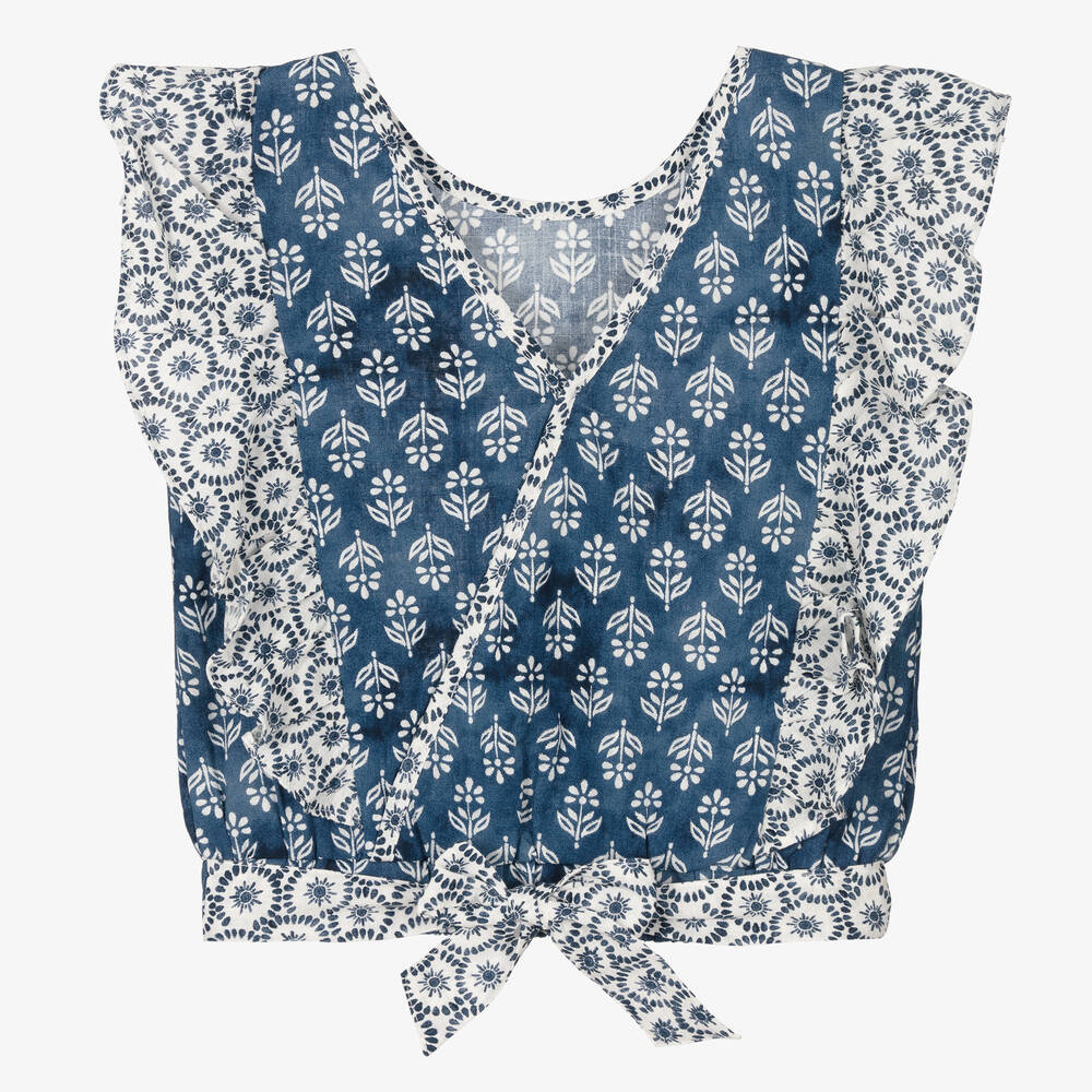 Mayoral-Girls Blue & White Cotton Blouse | Childrensalon Outlet
