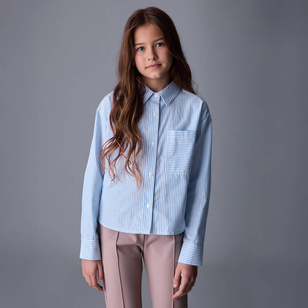 Mayoral-Рубашка из хлопка в полоску синяя для девочек | Childrensalon Outlet