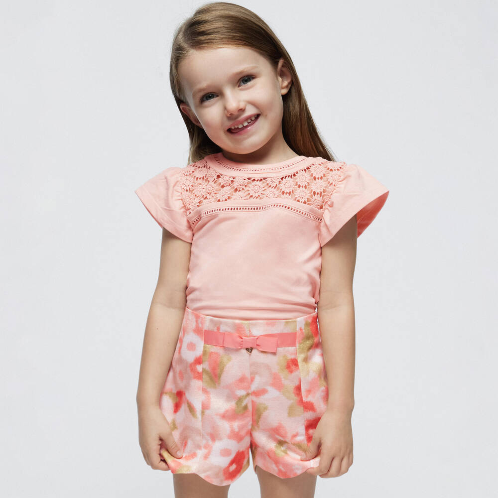 Mayoral-Girls Blush Pink Floral Shimmer Shorts | Childrensalon Outlet