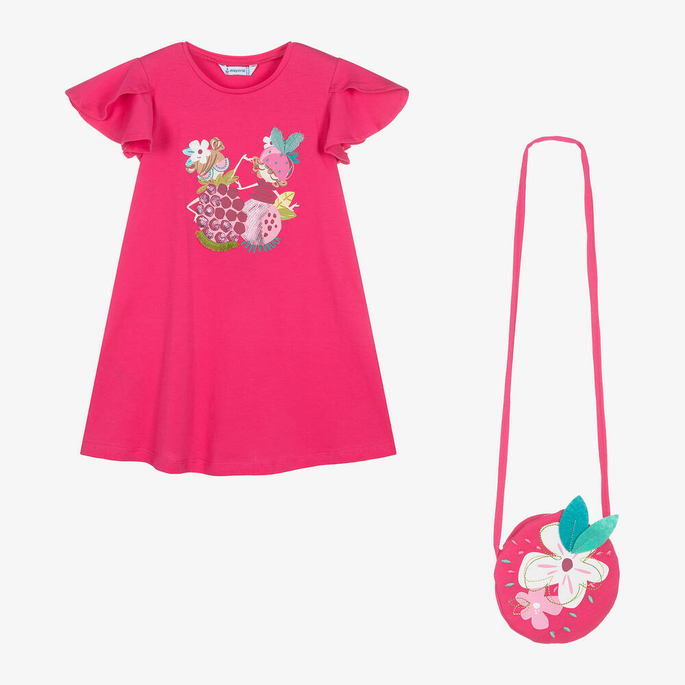 Mayoral-Girls Bright Pink Cotton Dress Set | Childrensalon Outlet