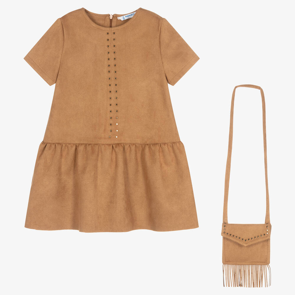 Mayoral-Коричневое платье и сумочка из искусственной замши | Childrensalon Outlet