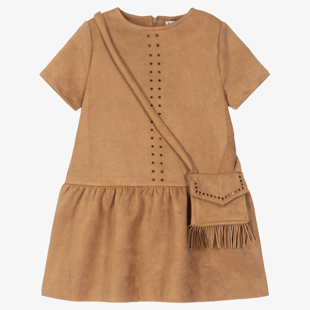 Mayoral - Girls Brown Faux Suede Dress Set | Childrensalon