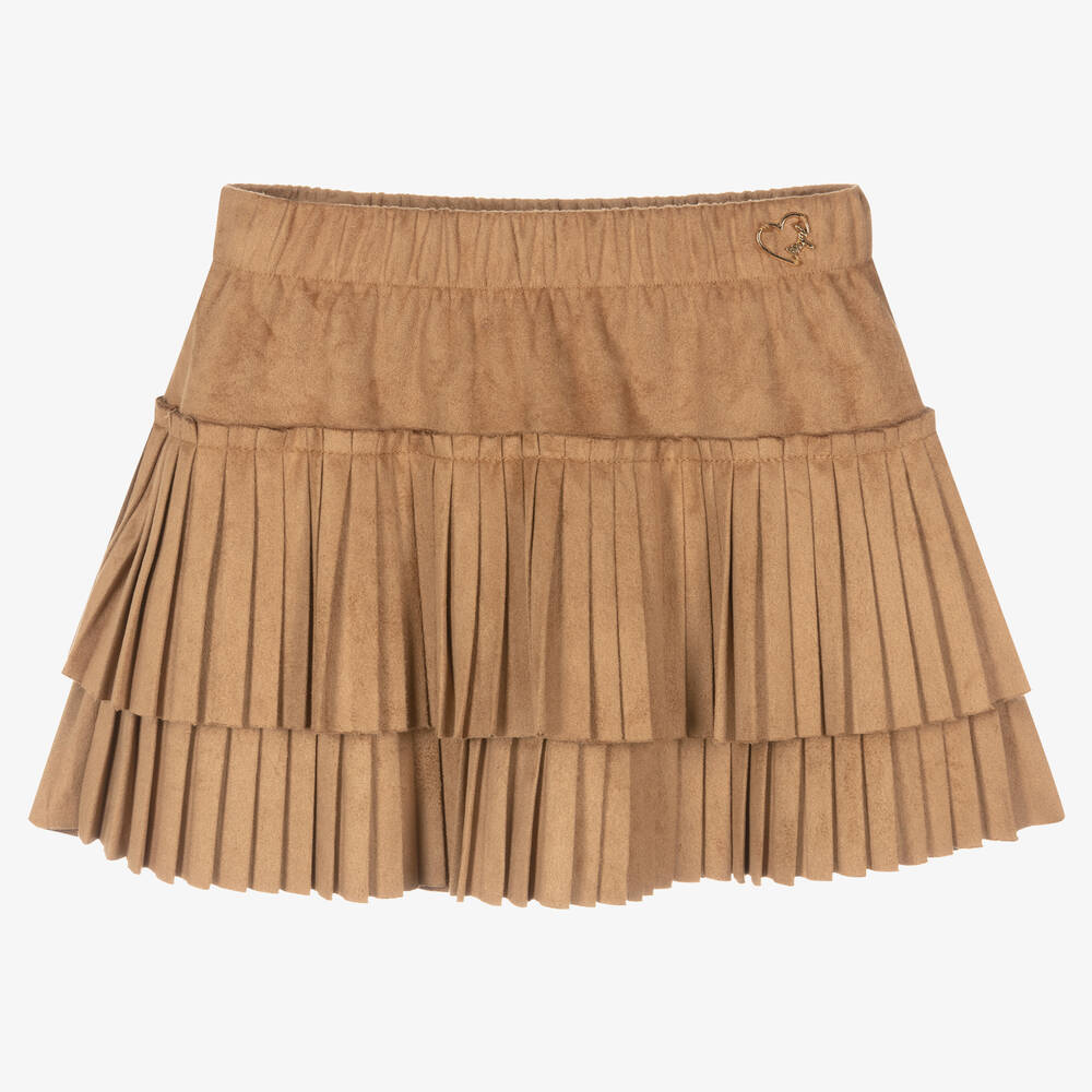 Mayoral - Girls Brown Faux Suede Pleated Skirt | Childrensalon