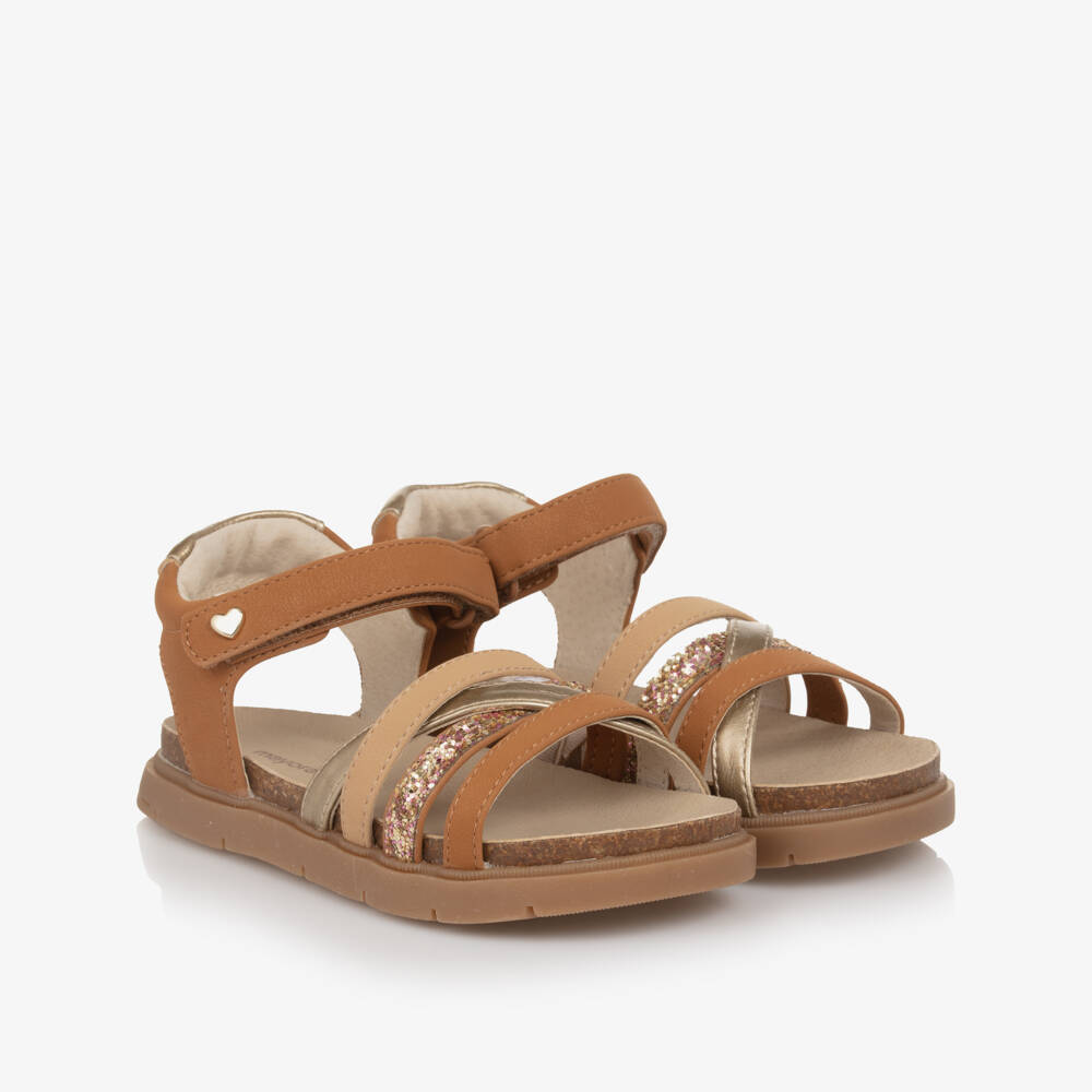 Mayoral-Girls Brown & Gold Glitter Faux Leather Sandals | Childrensalon Outlet