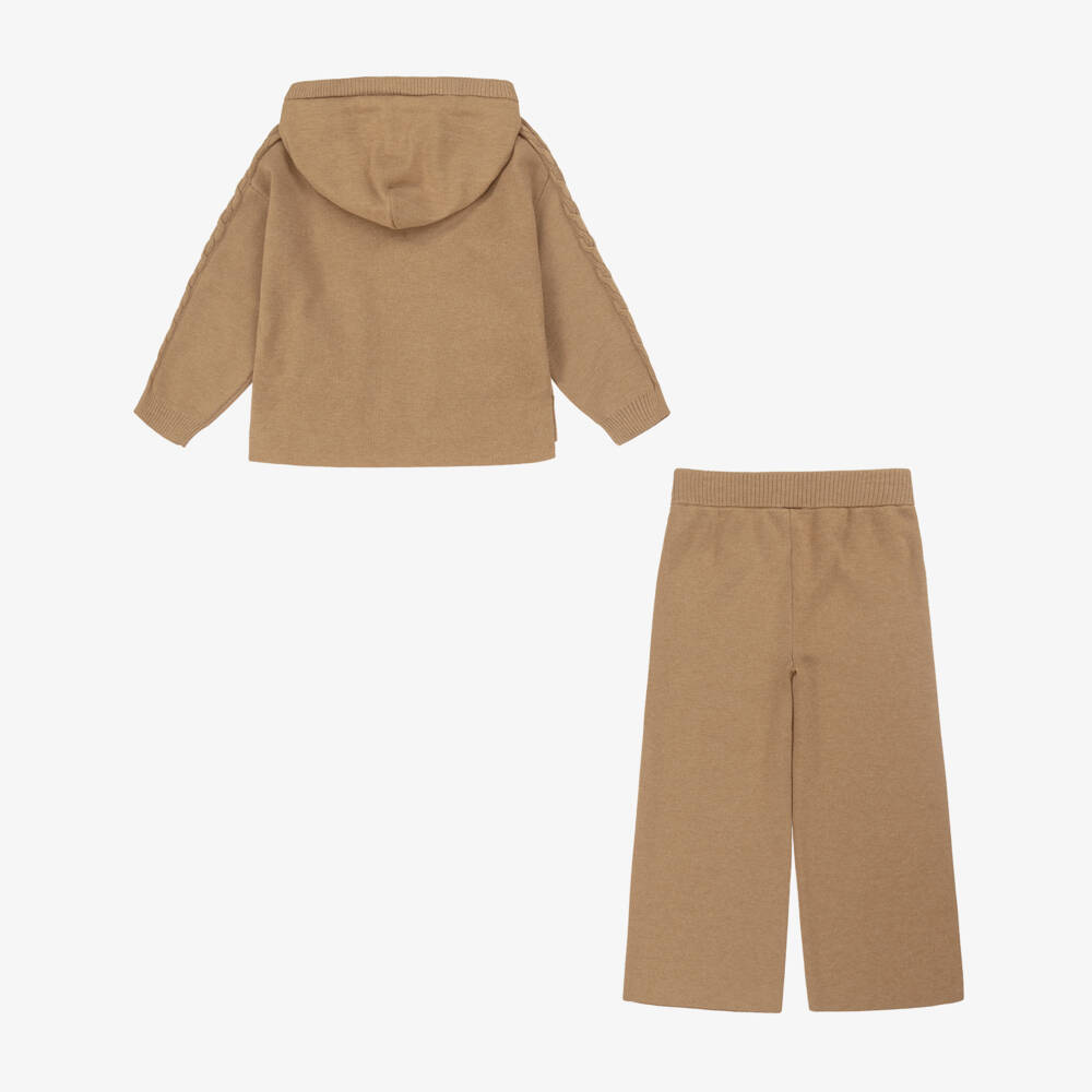 Mayoral-Girls Camel Beige Knitted Hoodie & Trouser Set | Childrensalon Outlet