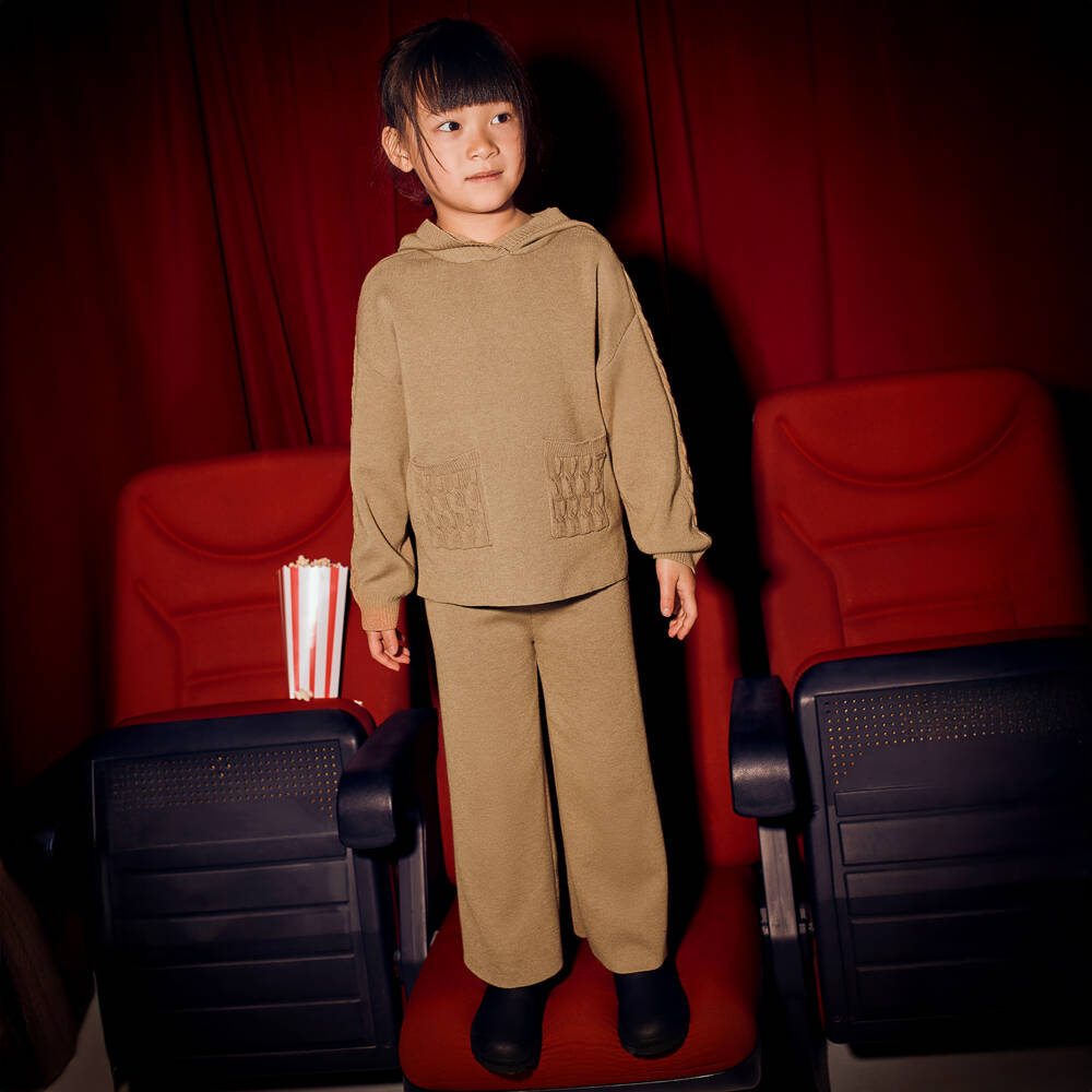 Mayoral-Girls Camel Beige Knitted Hoodie & Trouser Set | Childrensalon Outlet