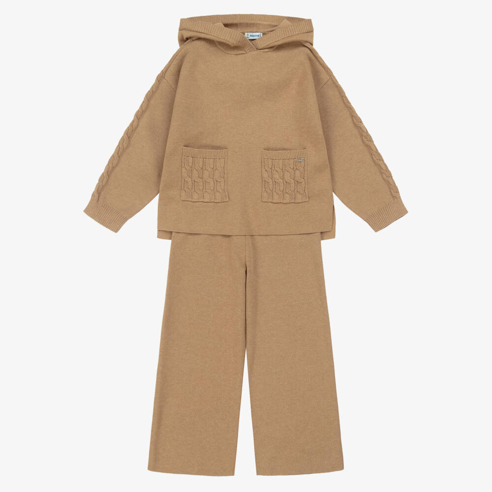 Mayoral-Girls Camel Beige Knitted Hoodie & Trouser Set | Childrensalon Outlet
