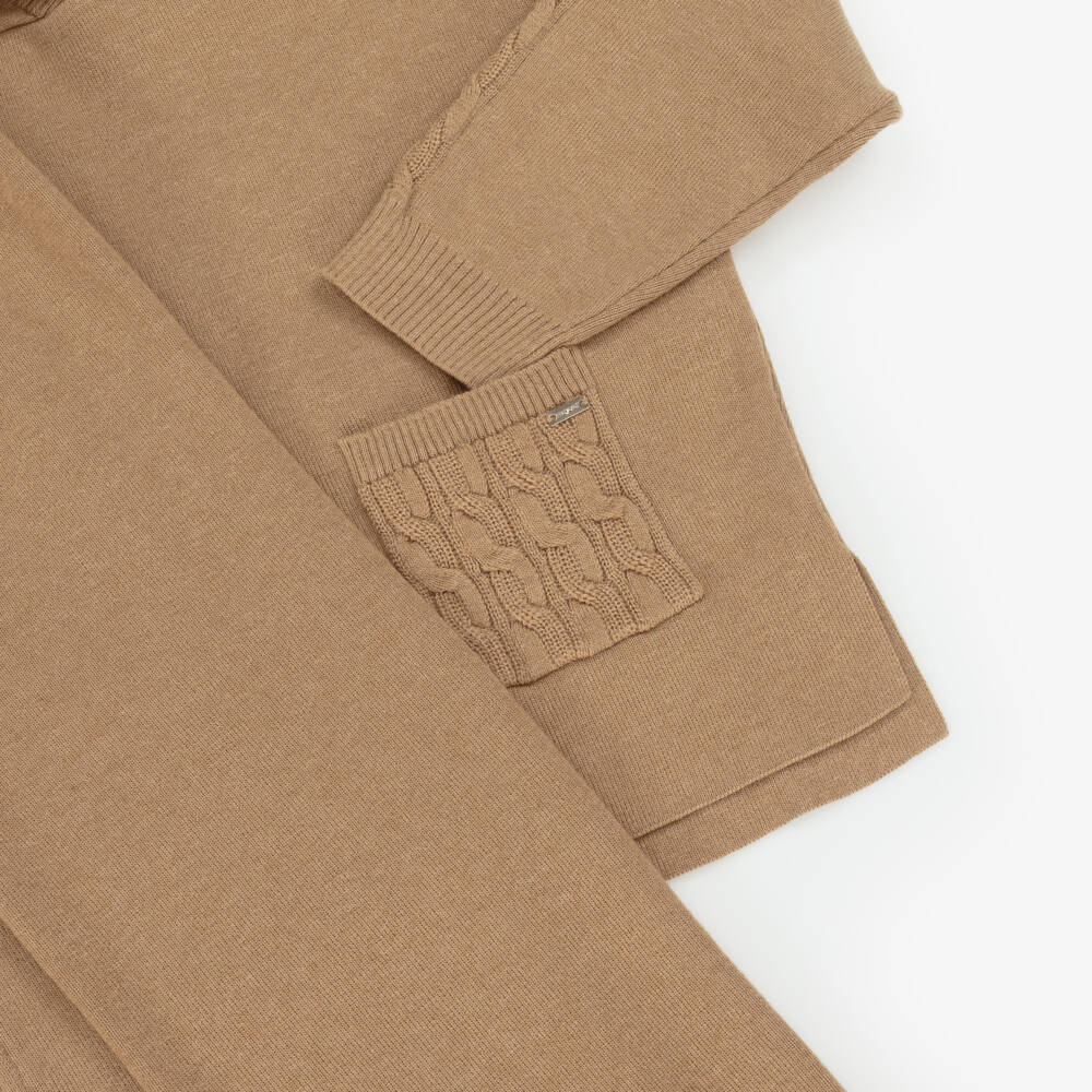 Mayoral-Girls Camel Beige Knitted Hoodie & Trouser Set | Childrensalon Outlet