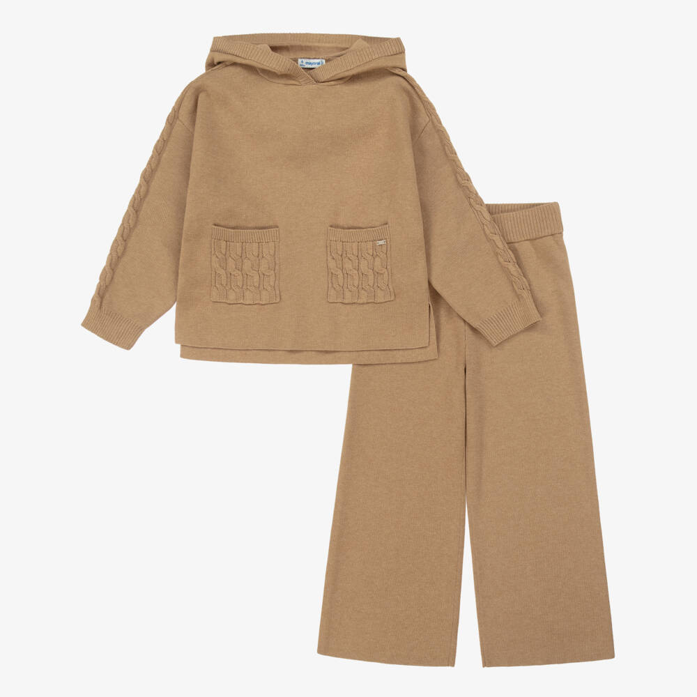 Mayoral-Girls Camel Beige Knitted Hoodie & Trouser Set | Childrensalon Outlet