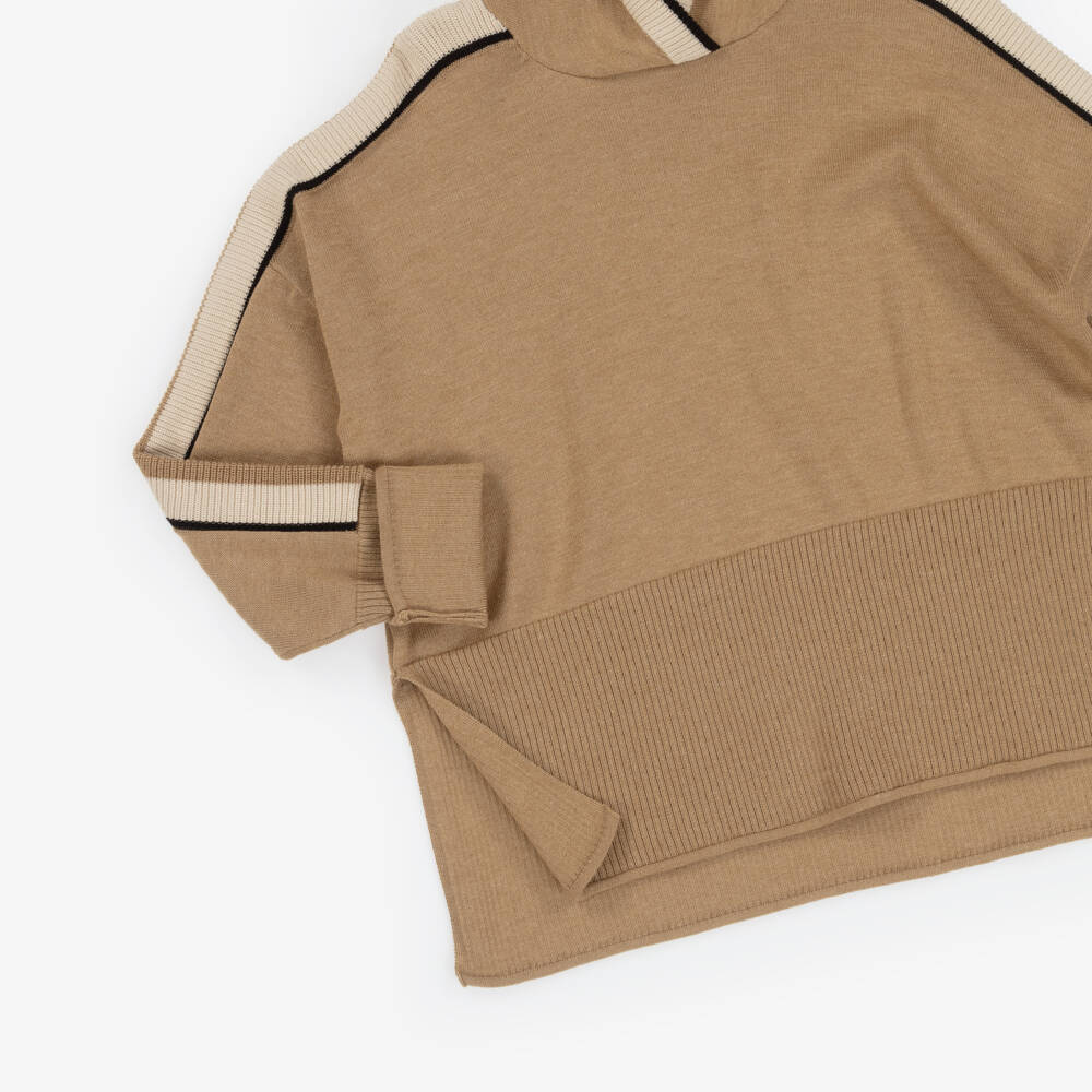 Mayoral-Girls Camel Beige Knitted Trouser Set with Striped Trims | Childrensalon Outlet