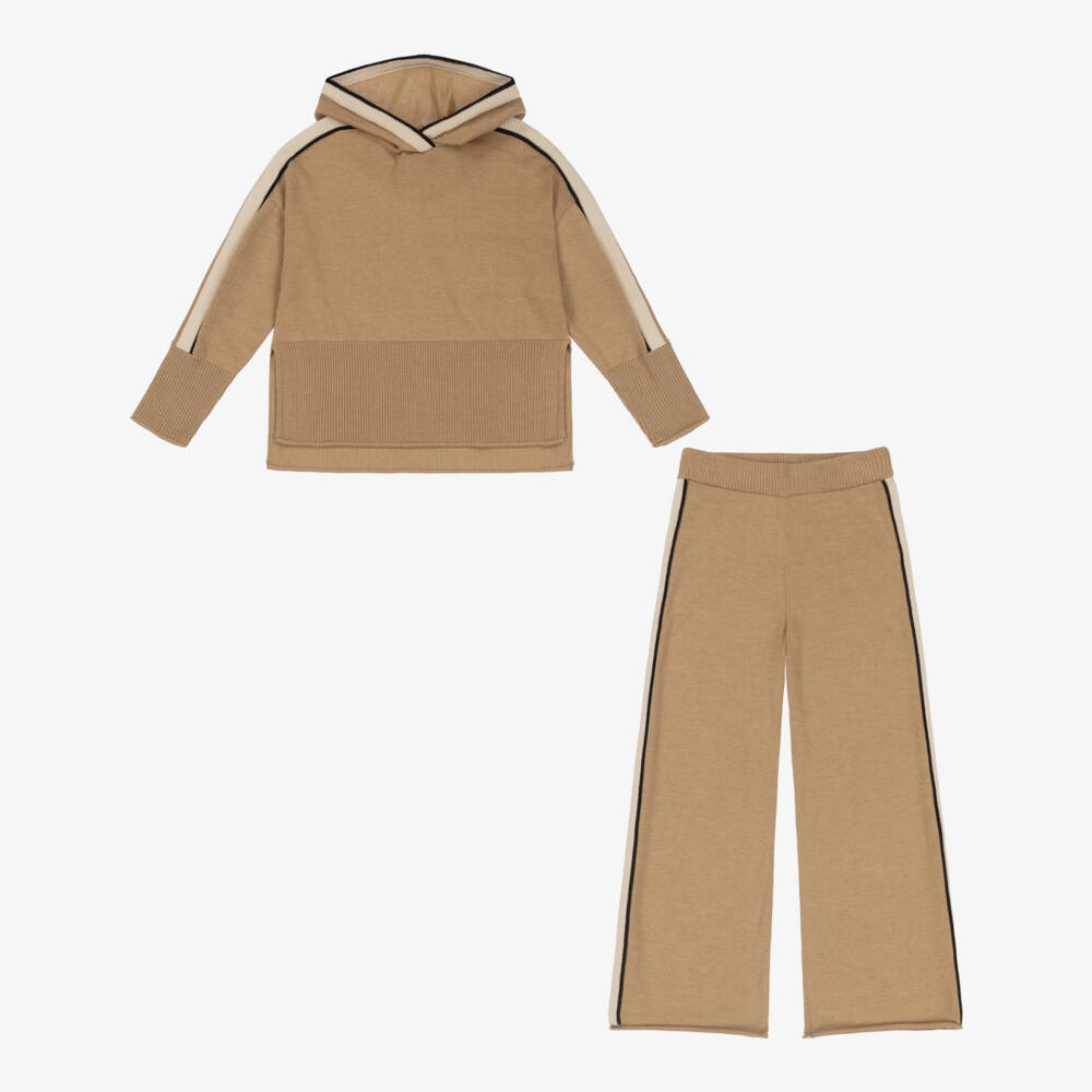 Mayoral-Girls Camel Beige Knitted Trouser Set with Striped Trims | Childrensalon Outlet