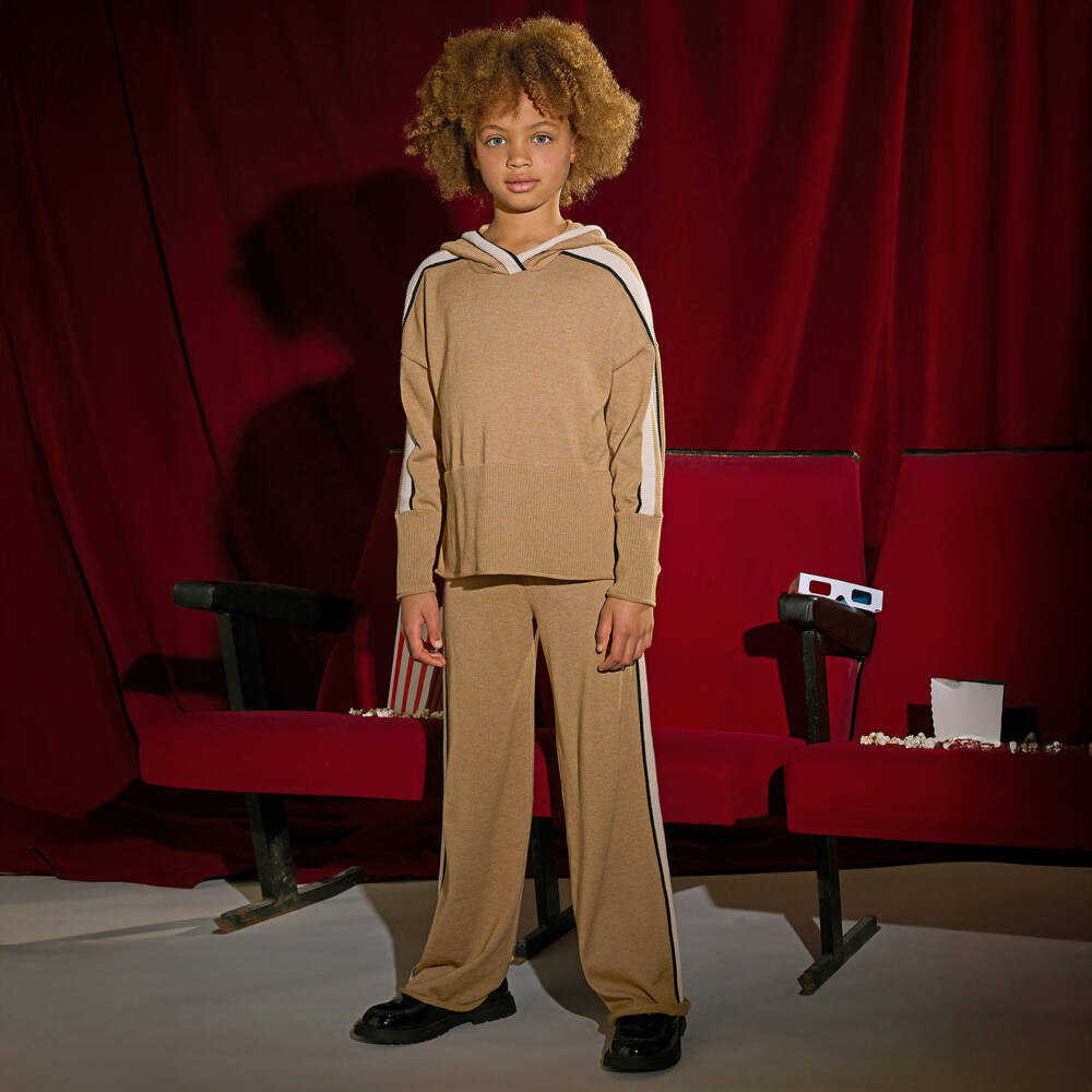 Mayoral-Girls Camel Beige Knitted Trouser Set with Striped Trims | Childrensalon Outlet
