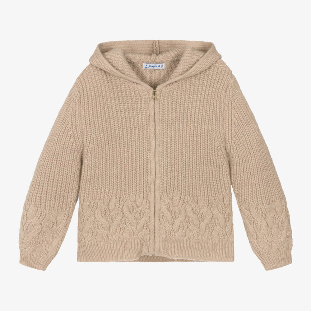 Mayoral-Girls Chunky Knit Beige Hoodie | Childrensalon Outlet