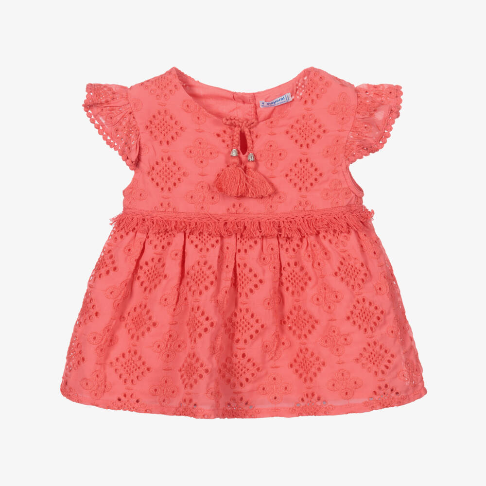 Mayoral-Girls Coral Eyelet Lace Top | Childrensalon Outlet