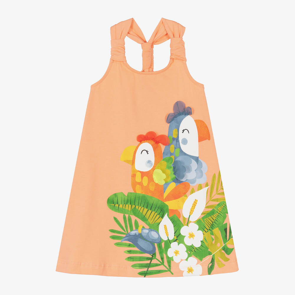 Mayoral - Кораллово-оранжевое платье из хлопка с тропическим принтом | Childrensalon
