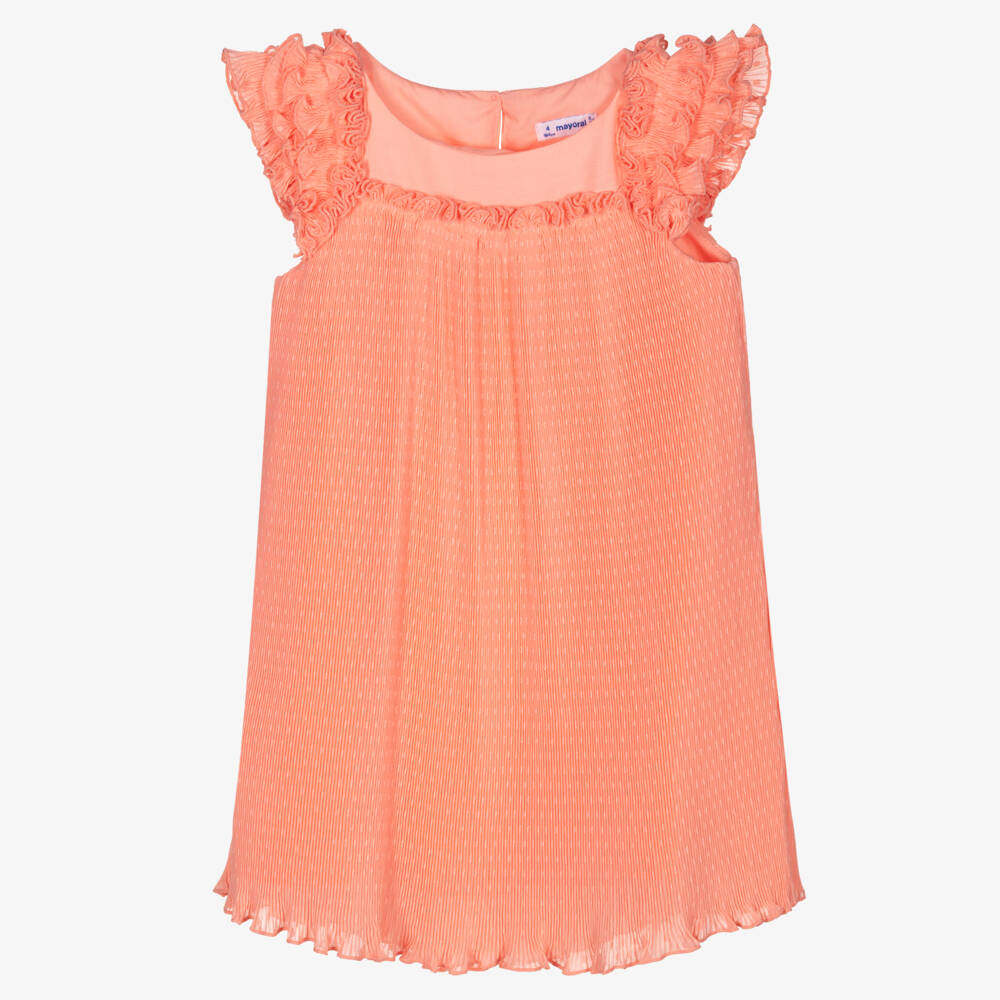 Mayoral-Girls Coral Pink Pleated Frock | Childrensalon Outlet