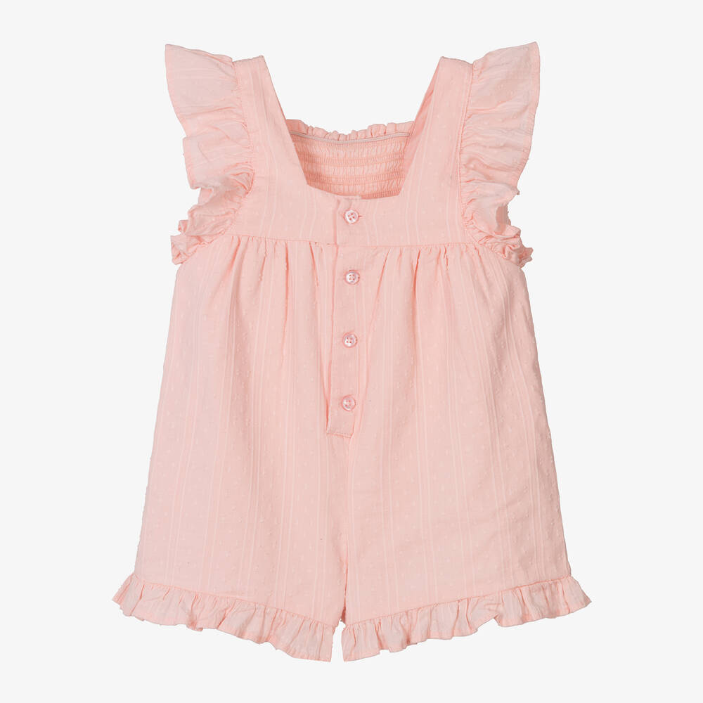Mayoral-Girls Coral Pink Shirred Cotton Playsuit | Childrensalon Outlet