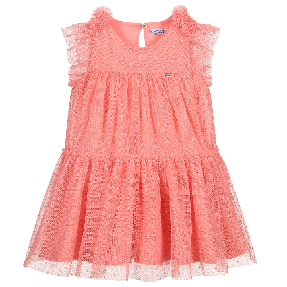 Mayoral - Girls Coral Pink Tulle Dress | Childrensalon