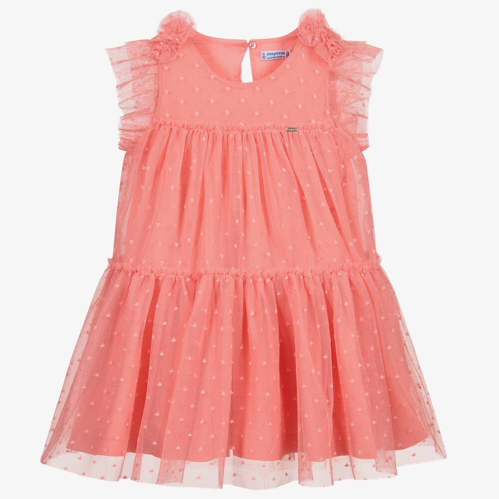 Mayoral-Girls Coral Pink Tulle Dress | Childrensalon Outlet