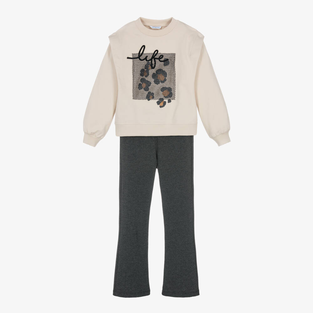 Mayoral-Girls Cotton Beige & Grey Set | Childrensalon Outlet
