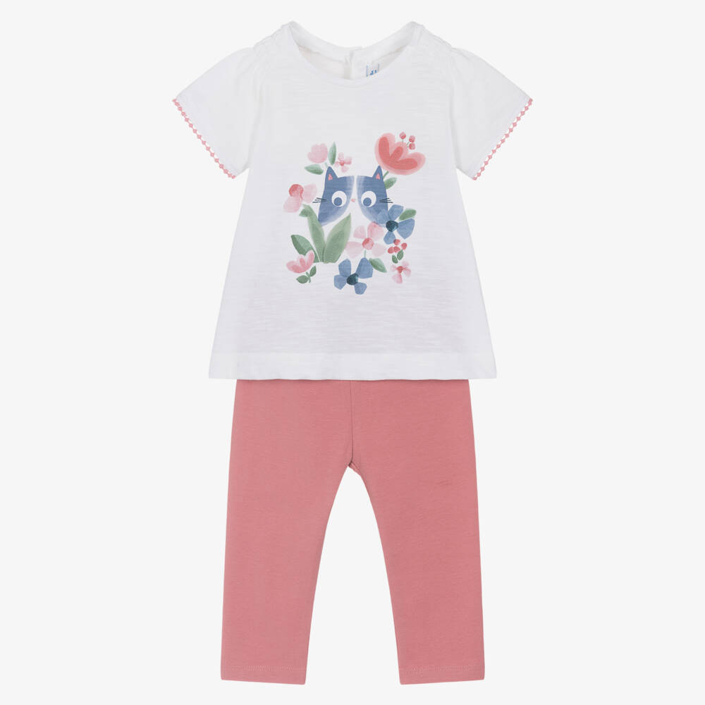Mayoral-Girls Cotton Cat Print Pink Set | Childrensalon Outlet
