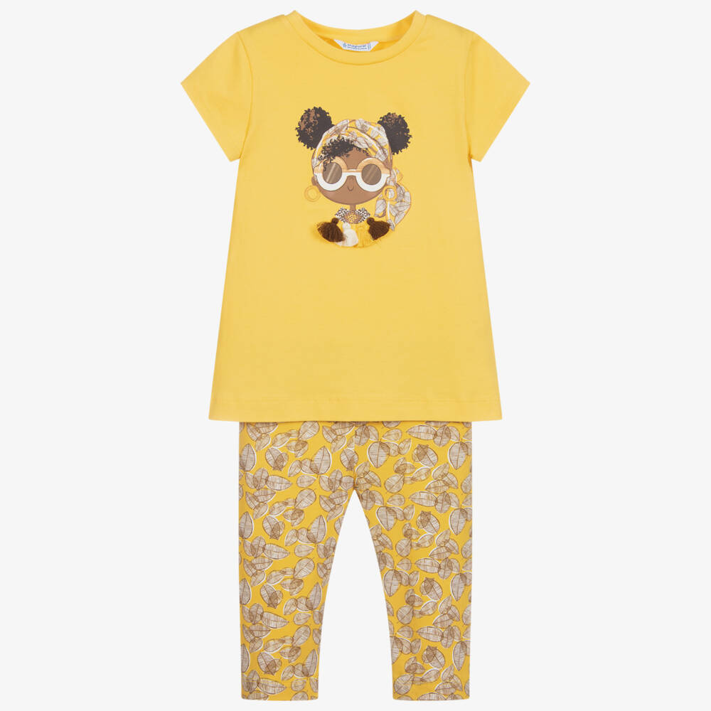 Mayoral-ليغنغز قصير وتيشيرت قطن جيرسي لون أصفر وبنّي | Childrensalon Outlet