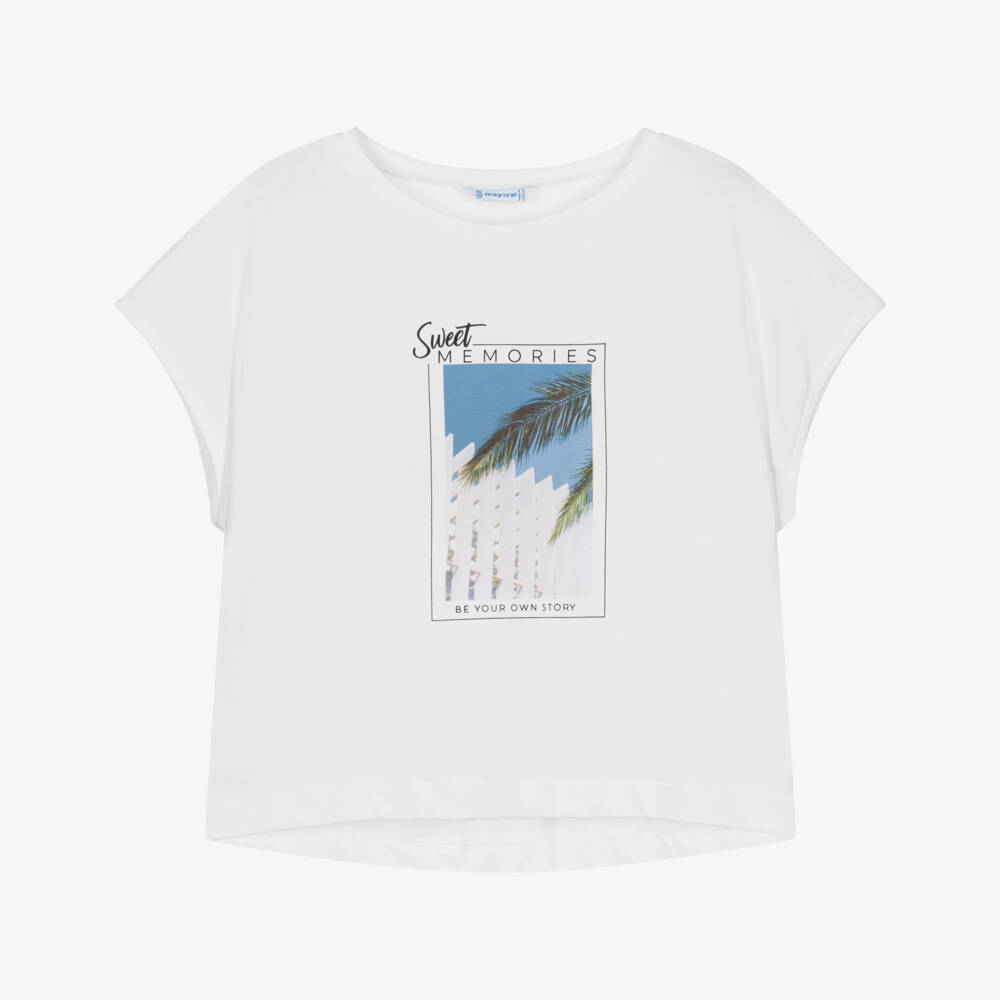 Mayoral-Girls Cotton Tee in Graphic White | Childrensalon Outlet