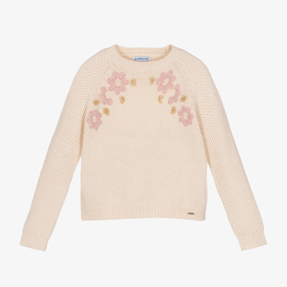 Mayoral-Girls Cream Floral Knit Jumper | Childrensalon Outlet