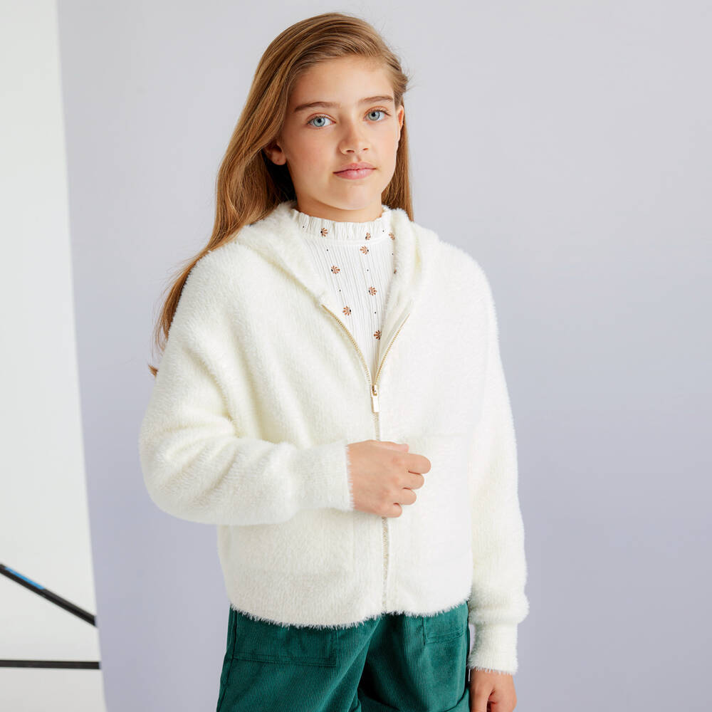 Mayoral-Girls Cream Furry Hooded Jacket | Childrensalon Outlet