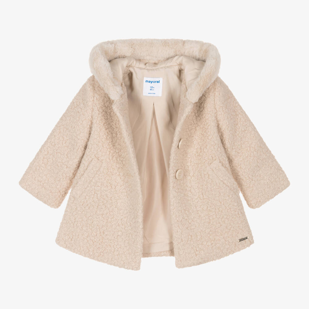 Mayoral-Girls Cream Hooded Bouclé Coat | Childrensalon Outlet
