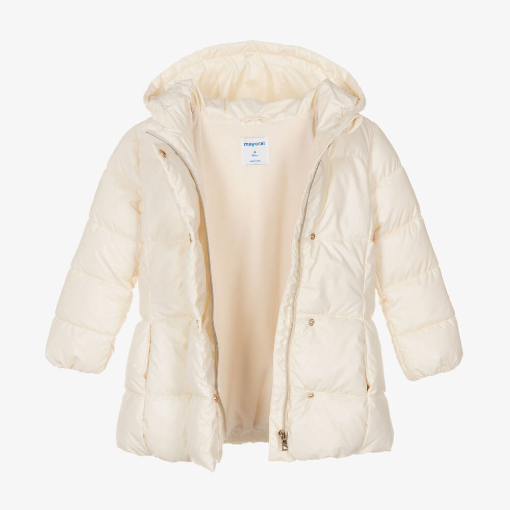 Mayoral-Girls Cream Plush Hooded Puffer | Childrensalon Outlet