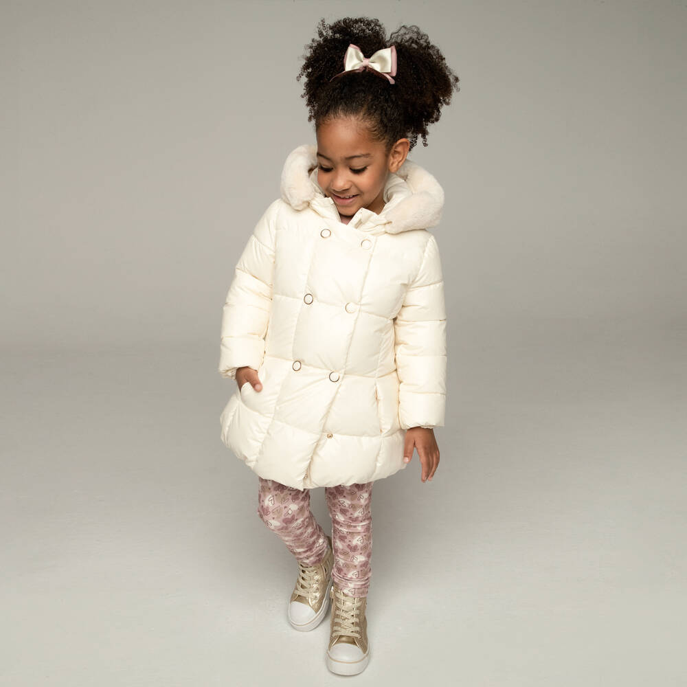 Mayoral-Girls Cream Plush Hooded Puffer | Childrensalon Outlet