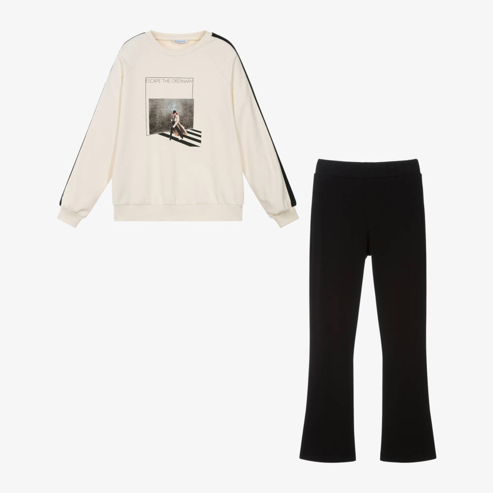 Mayoral-طقم بناتي بلوزة كريمية وسروال ليغينغ أسود | Childrensalon Outlet