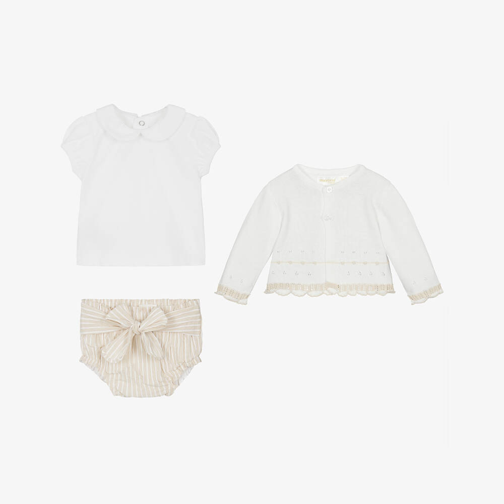 Mayoral Newborn-Girls Cream & Tan Striped Ensemble | Childrensalon Outlet