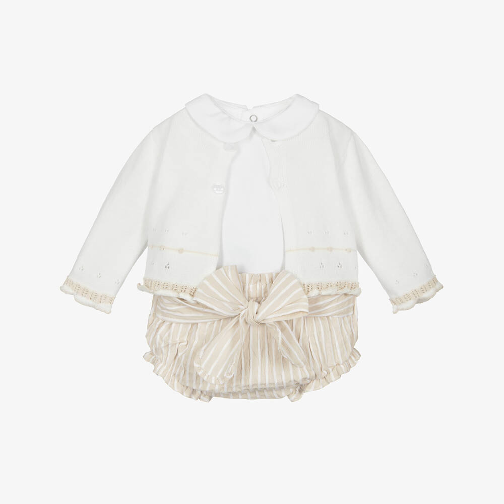 Mayoral Newborn-Girls Cream & Tan Striped Ensemble | Childrensalon Outlet