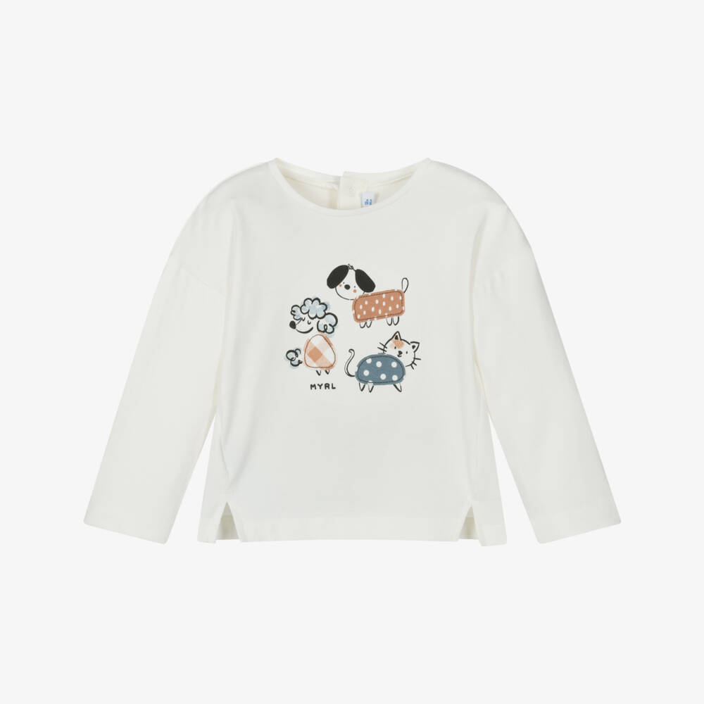 Mayoral-Футболка кремовая с щенками и котенком для девочек | Childrensalon Outlet
