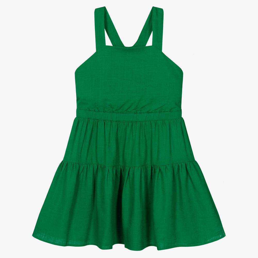 Mayoral - فستان مزيج كتان بطبقات لون أخضر داكن | Childrensalon