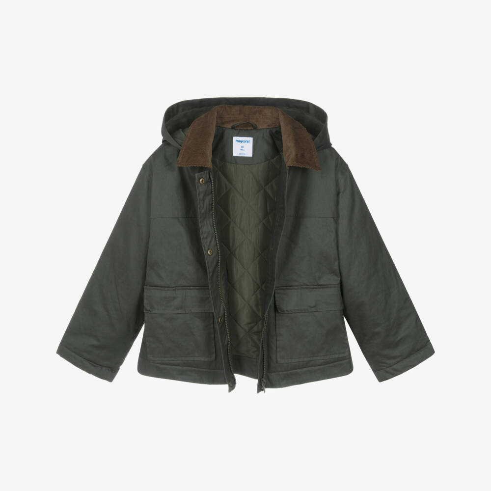 Mayoral-Girls Dark Green Waxed Cotton Jacket with Corduroy Collar | Childrensalon Outlet
