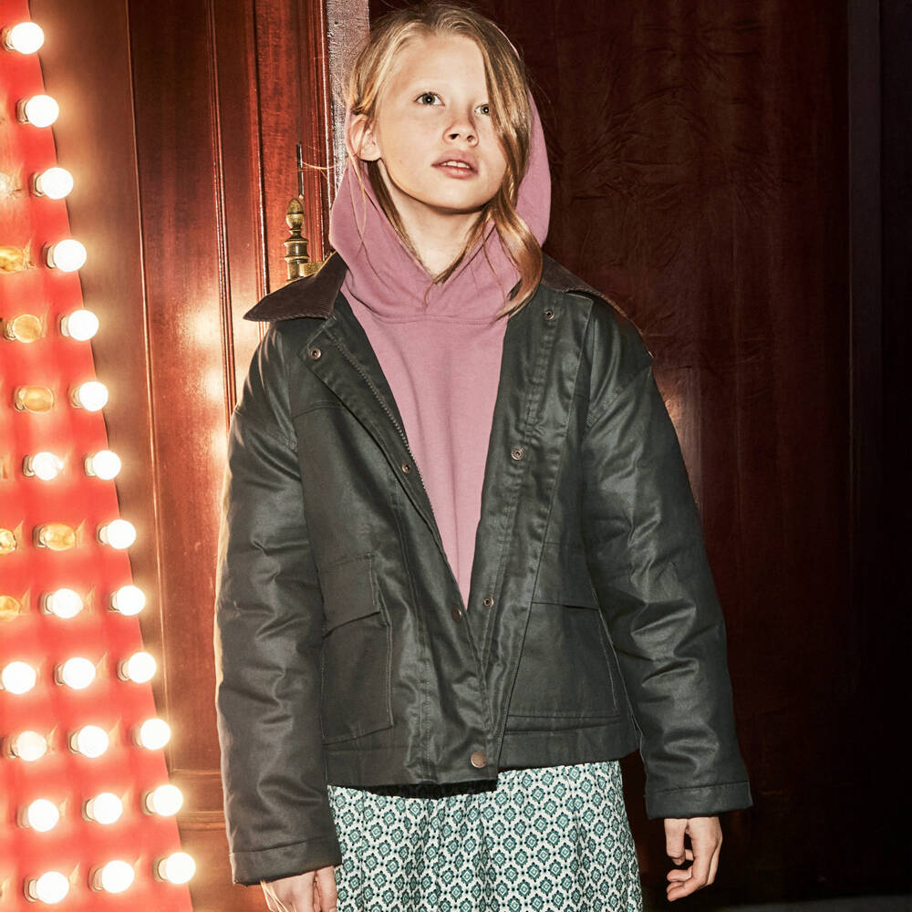 Mayoral-Girls Dark Green Waxed Cotton Jacket with Corduroy Collar | Childrensalon Outlet