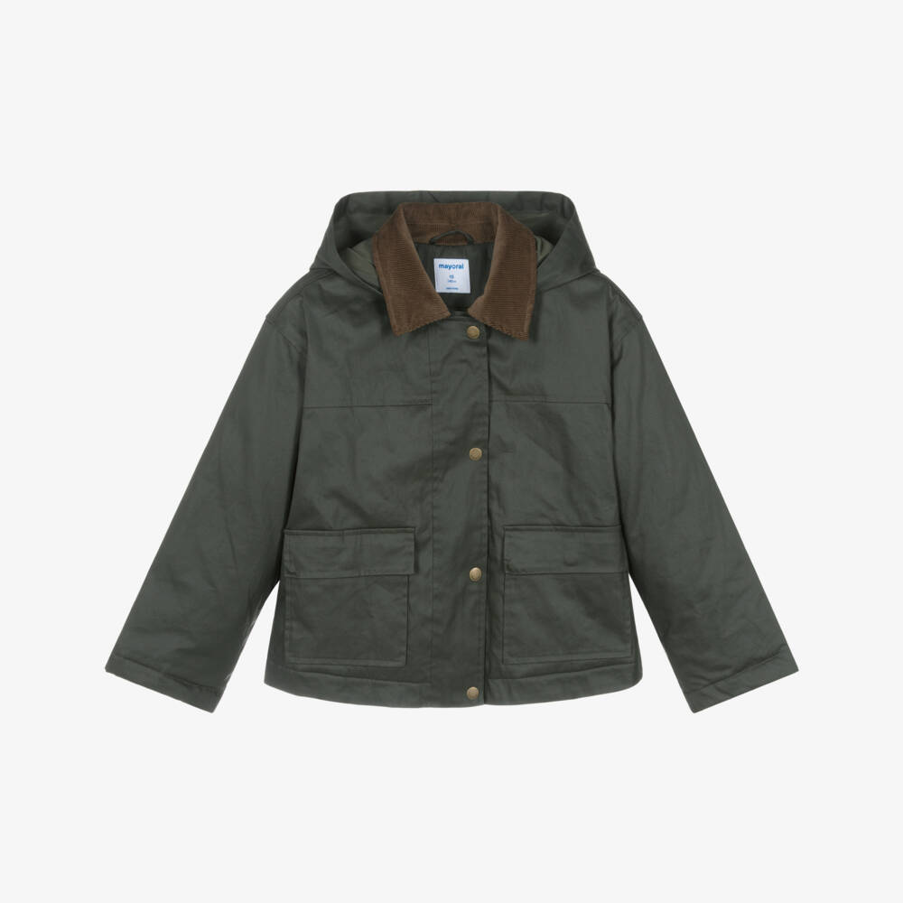 Mayoral-Girls Dark Green Waxed Cotton Jacket with Corduroy Collar | Childrensalon Outlet