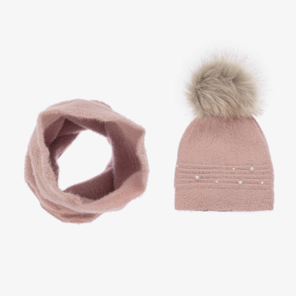 Mayoral-Girls Dusky Pink Pearl Hat and Snood | Childrensalon Outlet