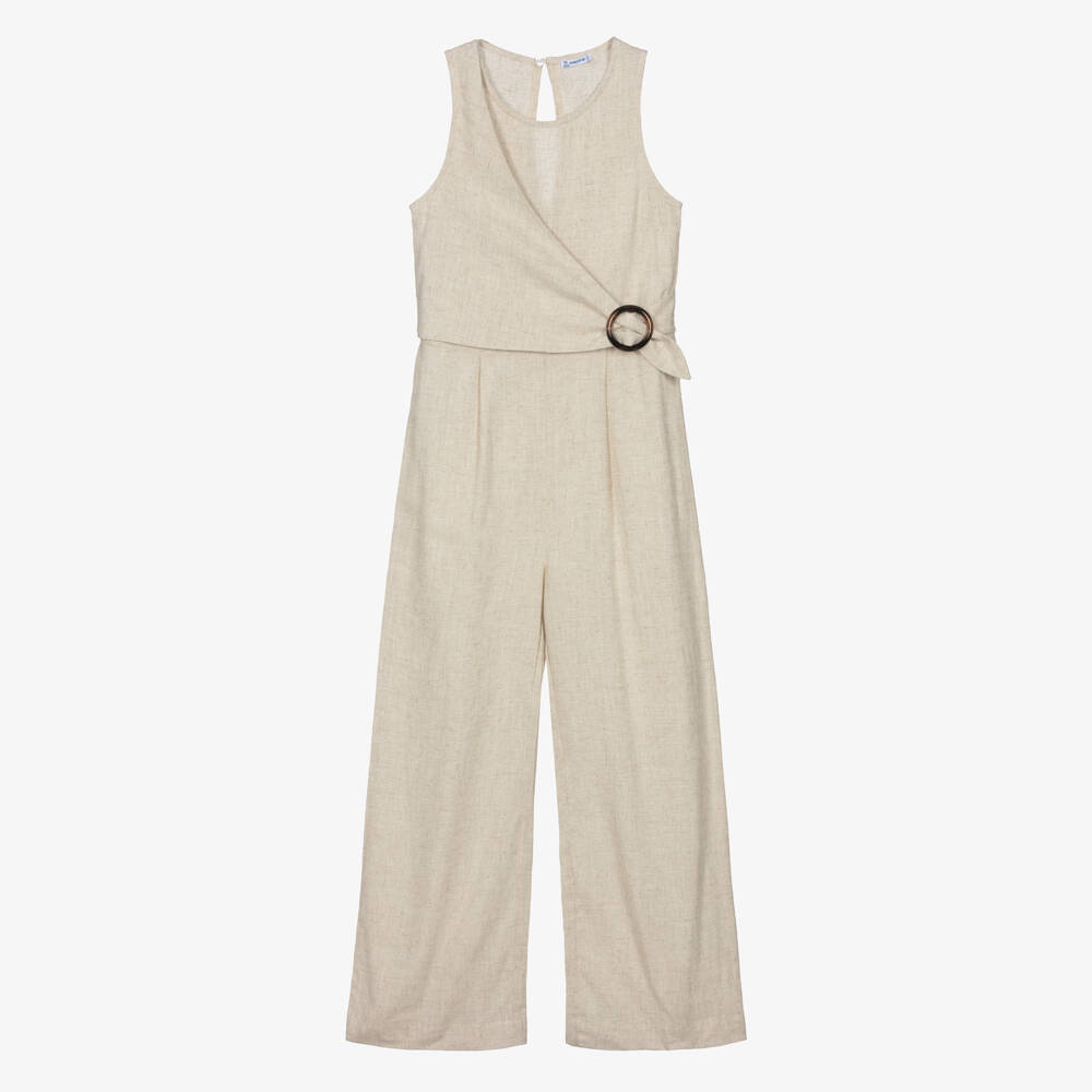 Mayoral-Girls Elegant Beige Cross-Back Jumpsuit | Childrensalon Outlet