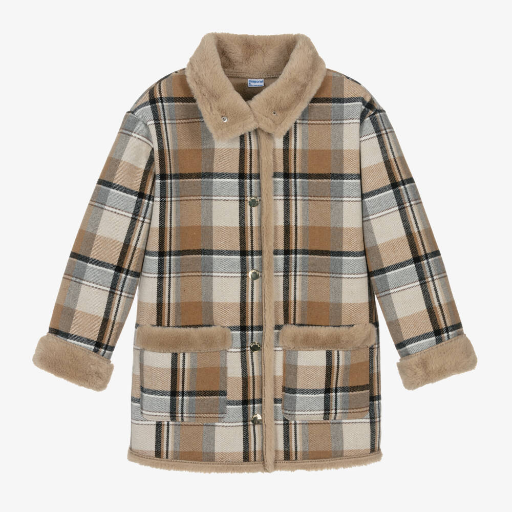 Mayoral-معطف فاخر بنقشة مربعات بيج للبنات | Childrensalon Outlet