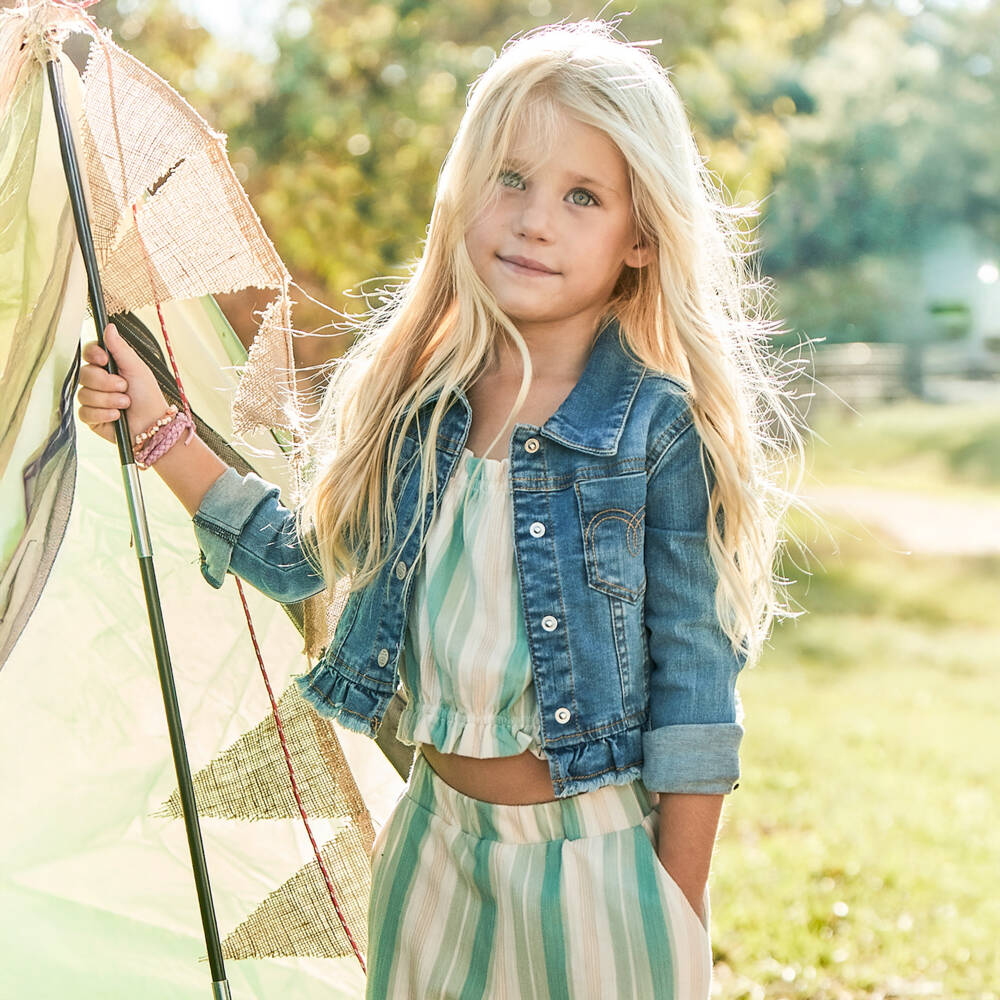 Mayoral-Girls Emerald & Ivory Striped Cotton Ensemble | Childrensalon Outlet