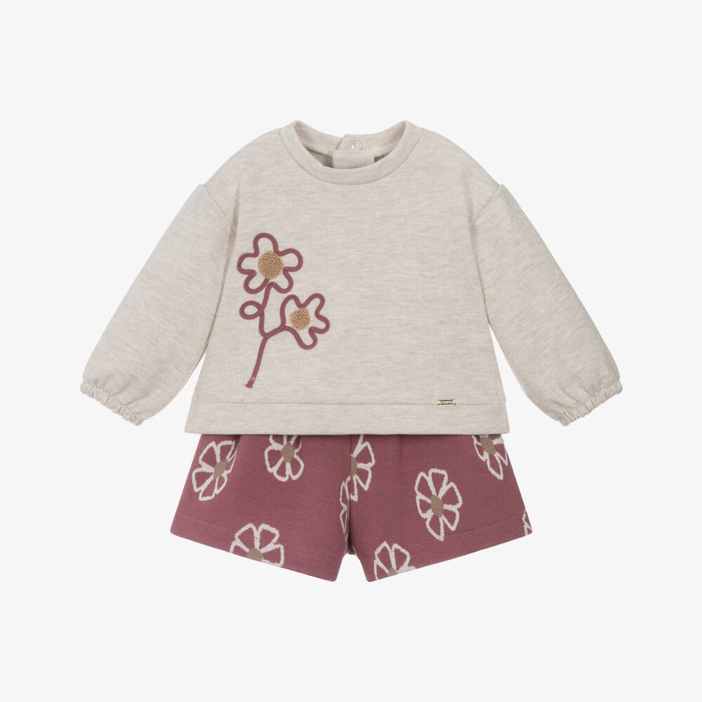 Mayoral-Girls Floral Beige Knit Shorts Outfit | Childrensalon Outlet
