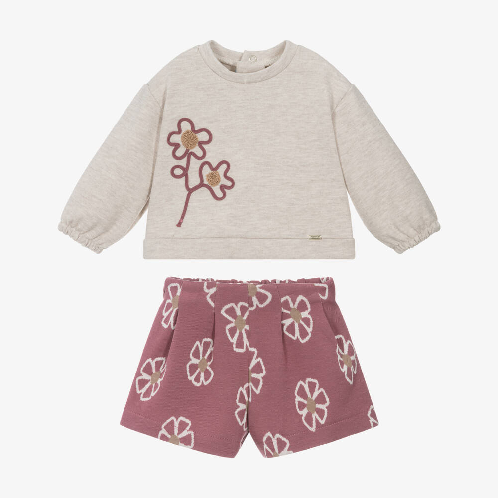 Mayoral-Girls Floral Beige Knit Shorts Outfit | Childrensalon Outlet