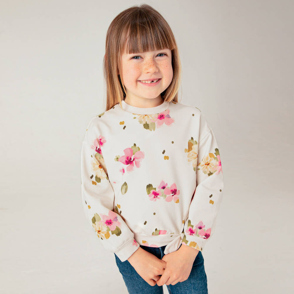 Mayoral-سويتشيرت بطبعة ورود قطن لون عاجي وزهري للبنات | Childrensalon Outlet